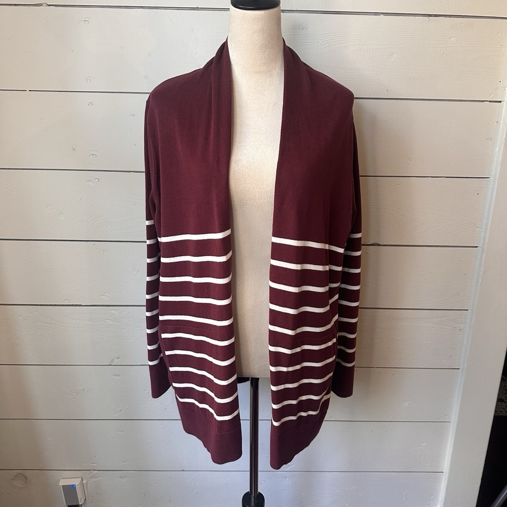 Lands End Womens Open Long Cardigan Sweater XL Burgundy Stripe Coastal Casual